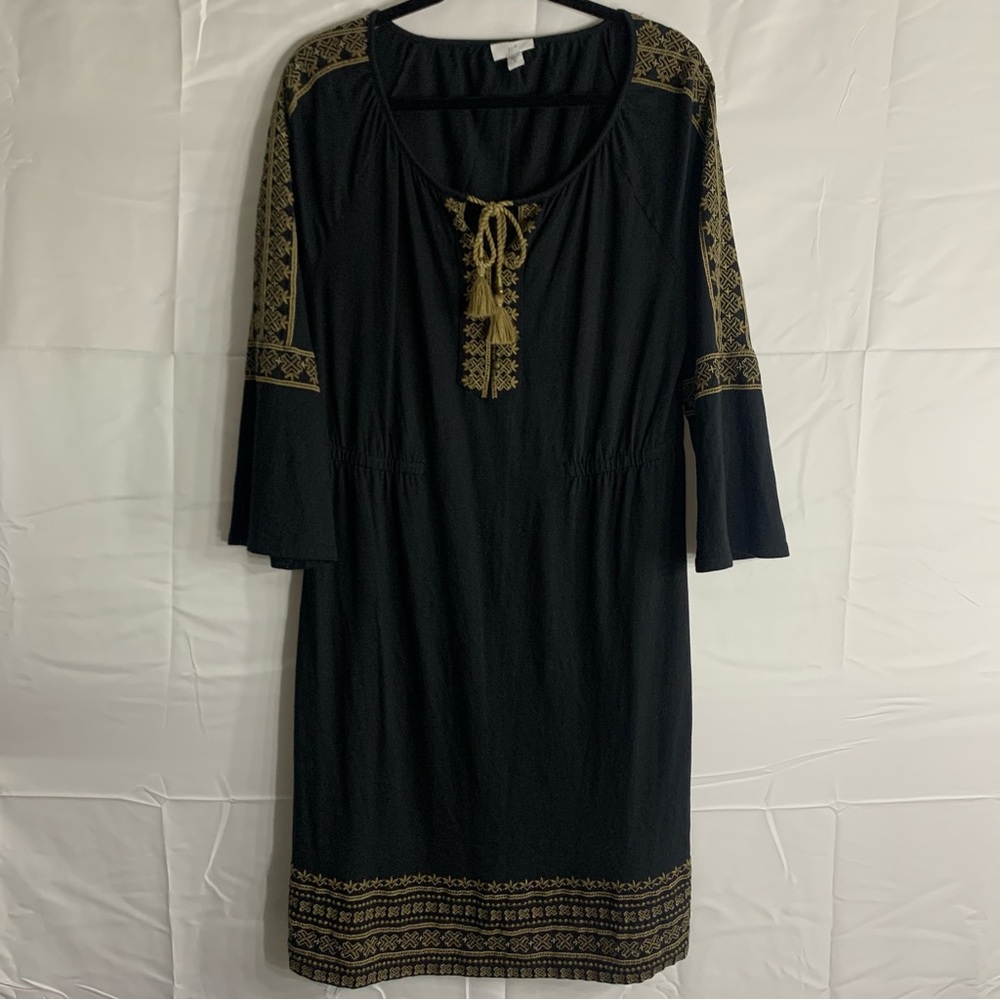 J. Jill Black Midi Boho Pheasant Dress Gold Embroidered Tassel Detail, size M